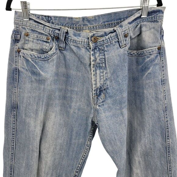 Mens Flypaper Jeans 34x34 Light Stone Wash Wide Straight Leg Thrashed Hem - Picture 6 of 10